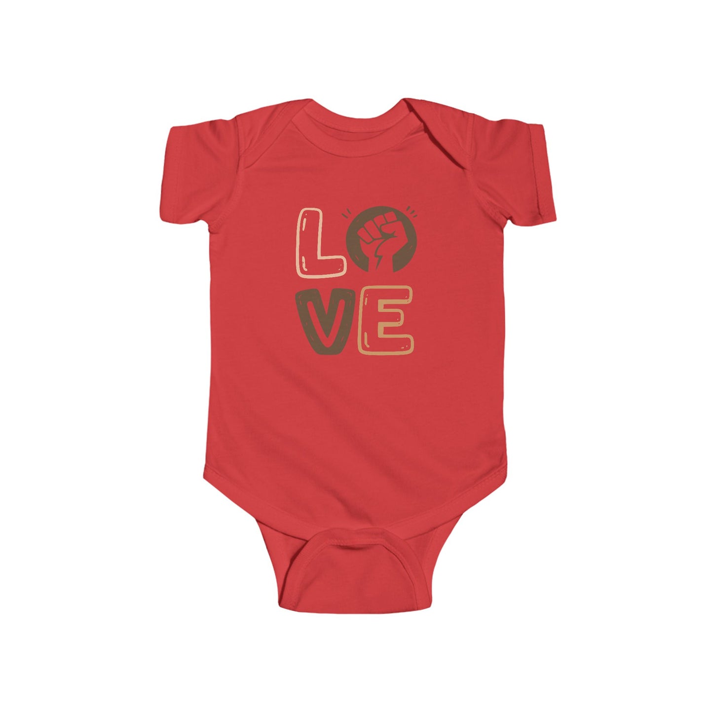 Red baby onesie with 'LOVE' print on a white background