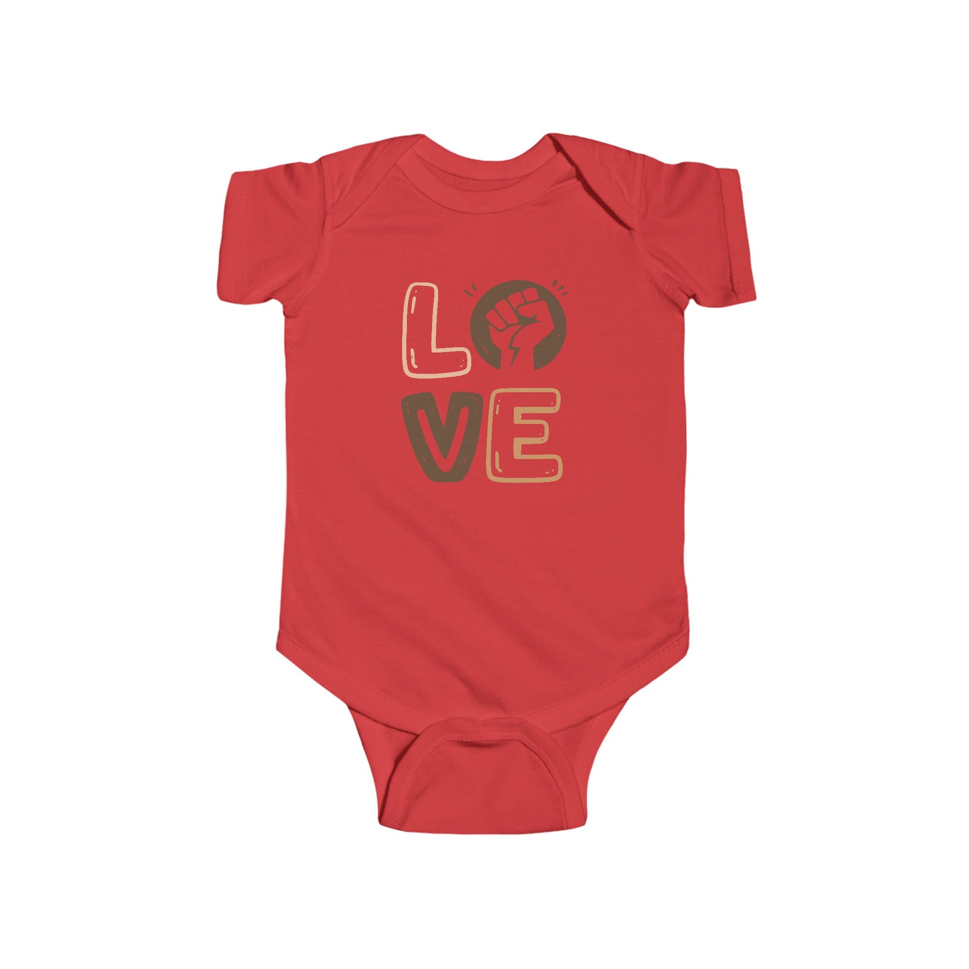 Red baby onesie with 'LOVE' print on a white background