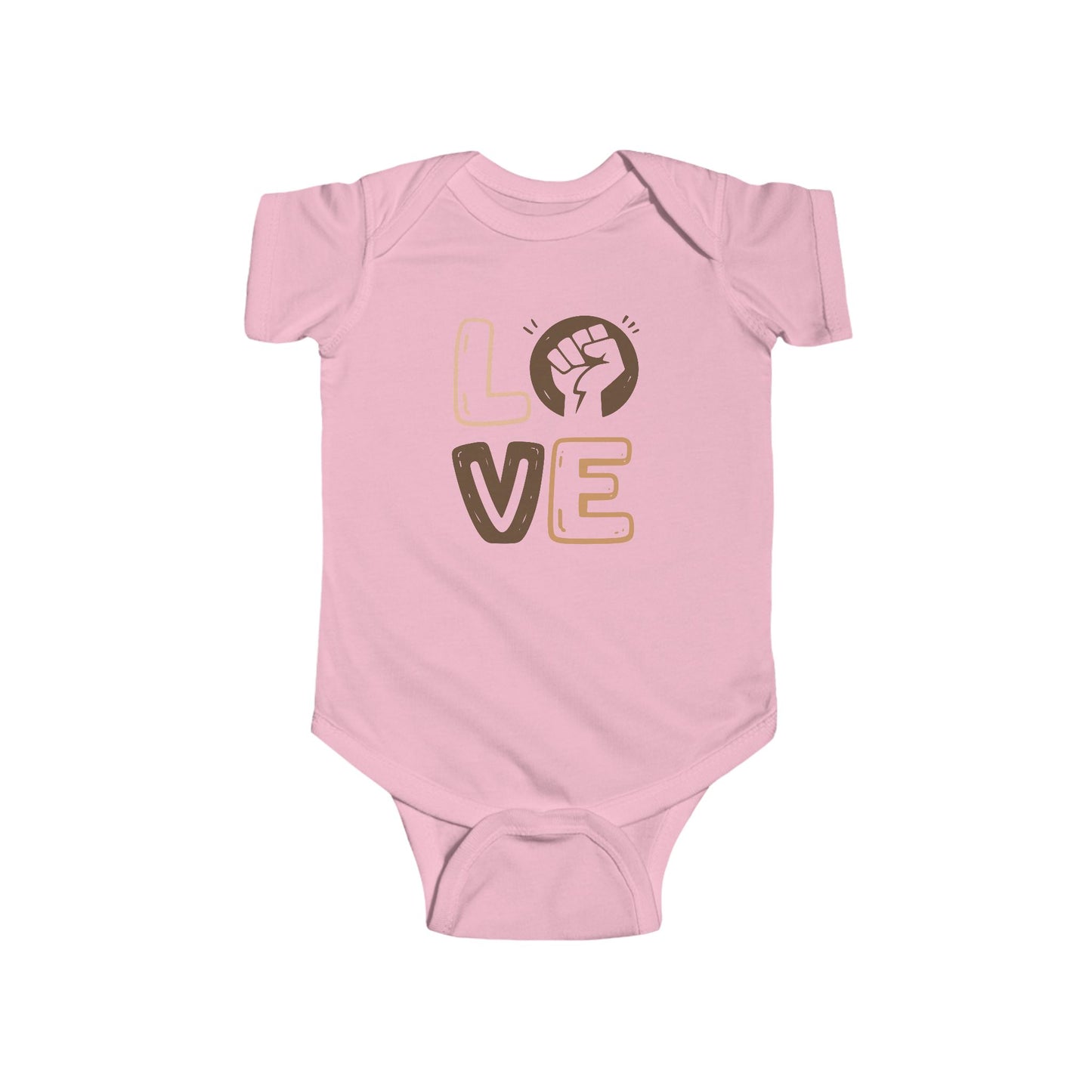 Pink baby onesie with 'LOVE' and a fist graphic on a white background