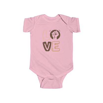 Pink baby onesie with 'LOVE' and a fist graphic on a white background