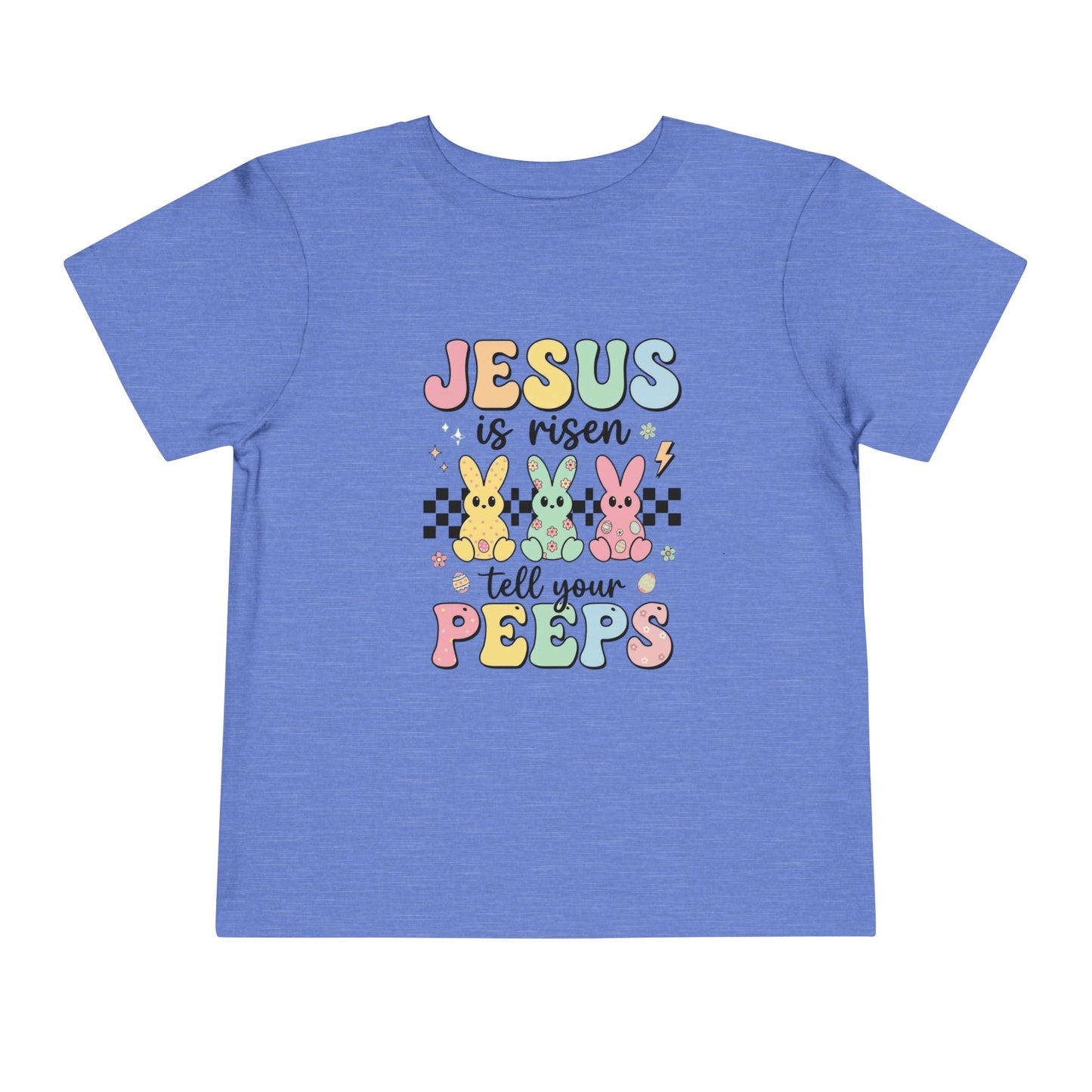 Blue t-shirt with Easter-themed text and graphics on a white background