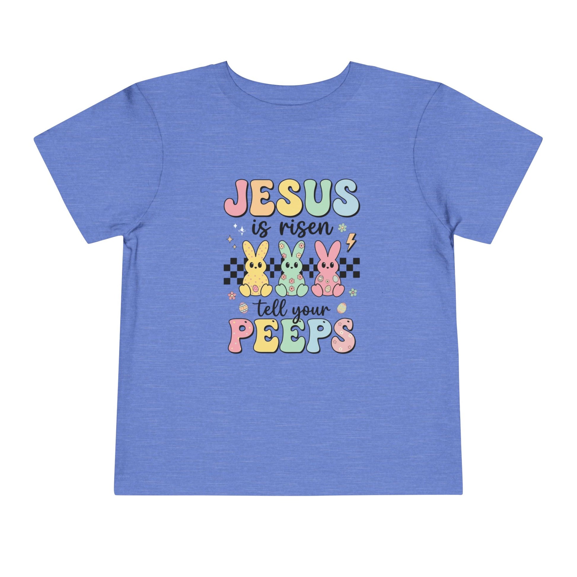 Blue t-shirt with Easter-themed text and graphics on a white background