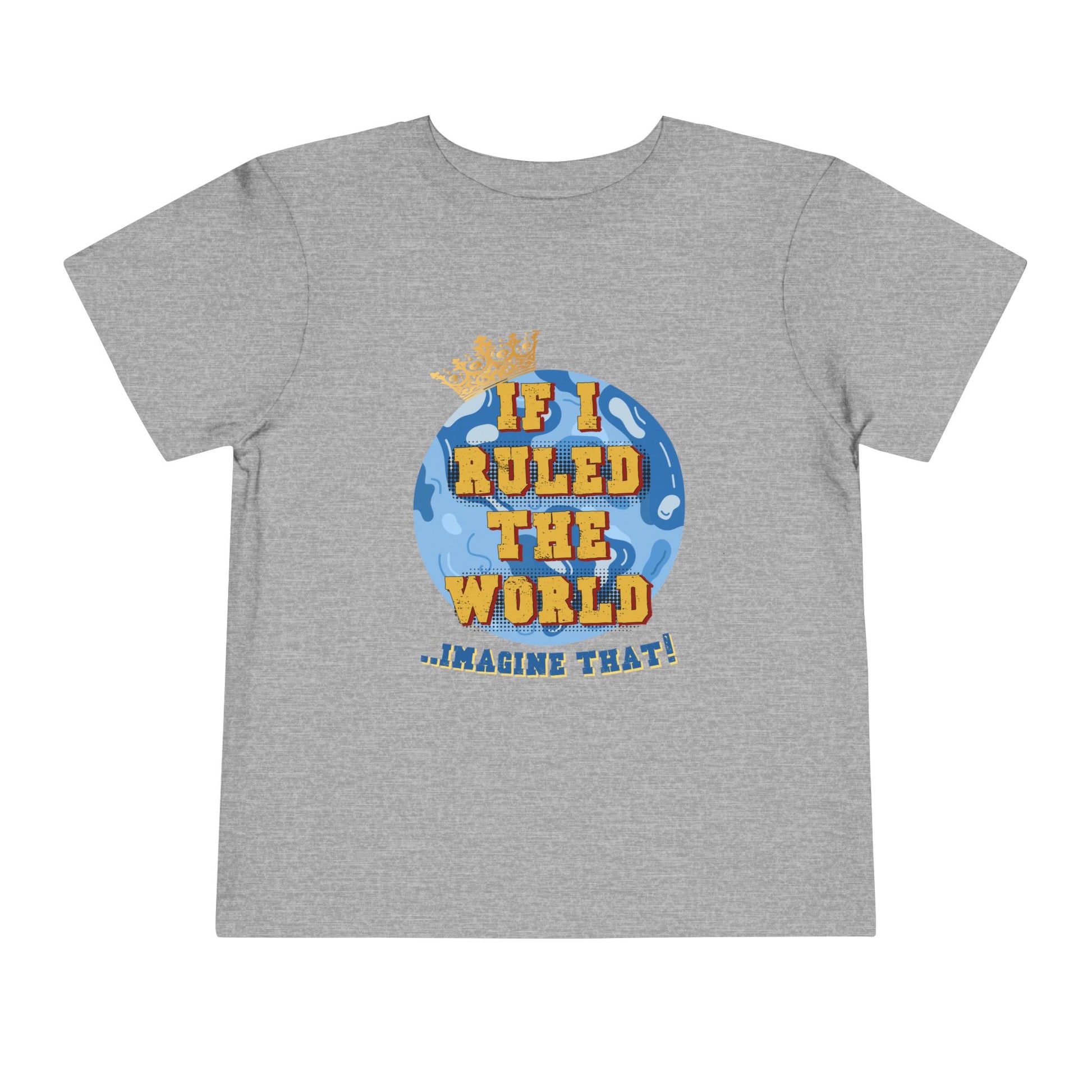 Gray t-shirt with colorful graphic and text 'If I Ruled the World...Imagine That!' on a white background