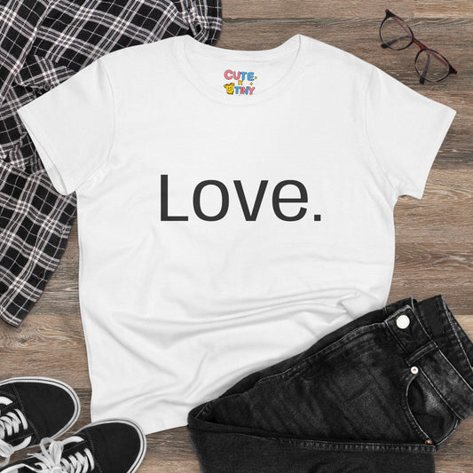 Woman and child wearing black shirts with 'Love.' and 'Loved.' text on a white background