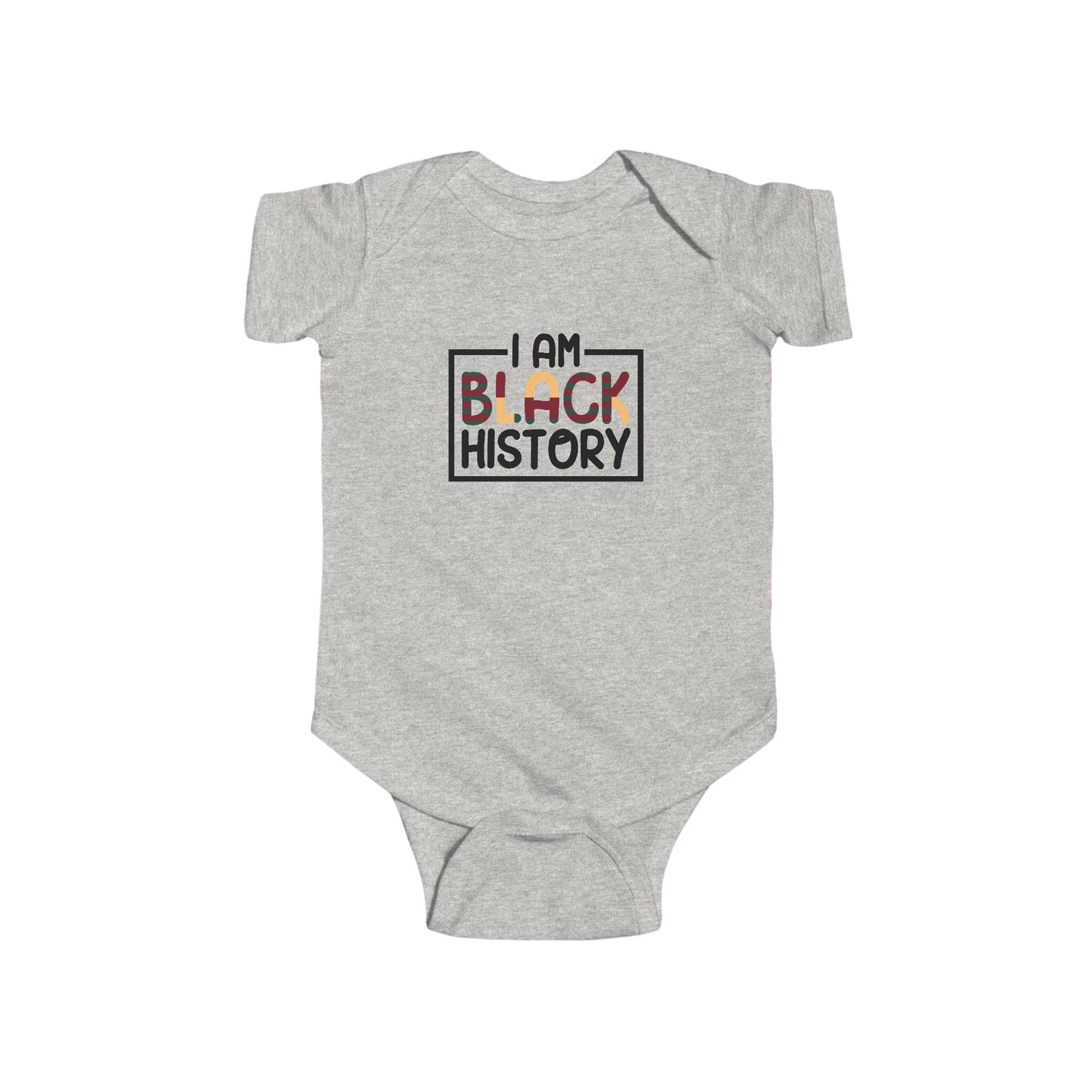 Gray baby onesie with 'I AM BLACK HISTORY' text on a white background