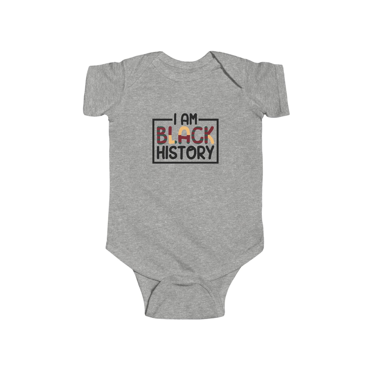 Gray baby onesie with 'I AM BLACK HISTORY' text on a white background