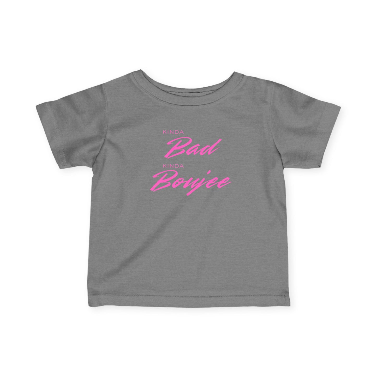 Gray t-shirt with pink text on a white background