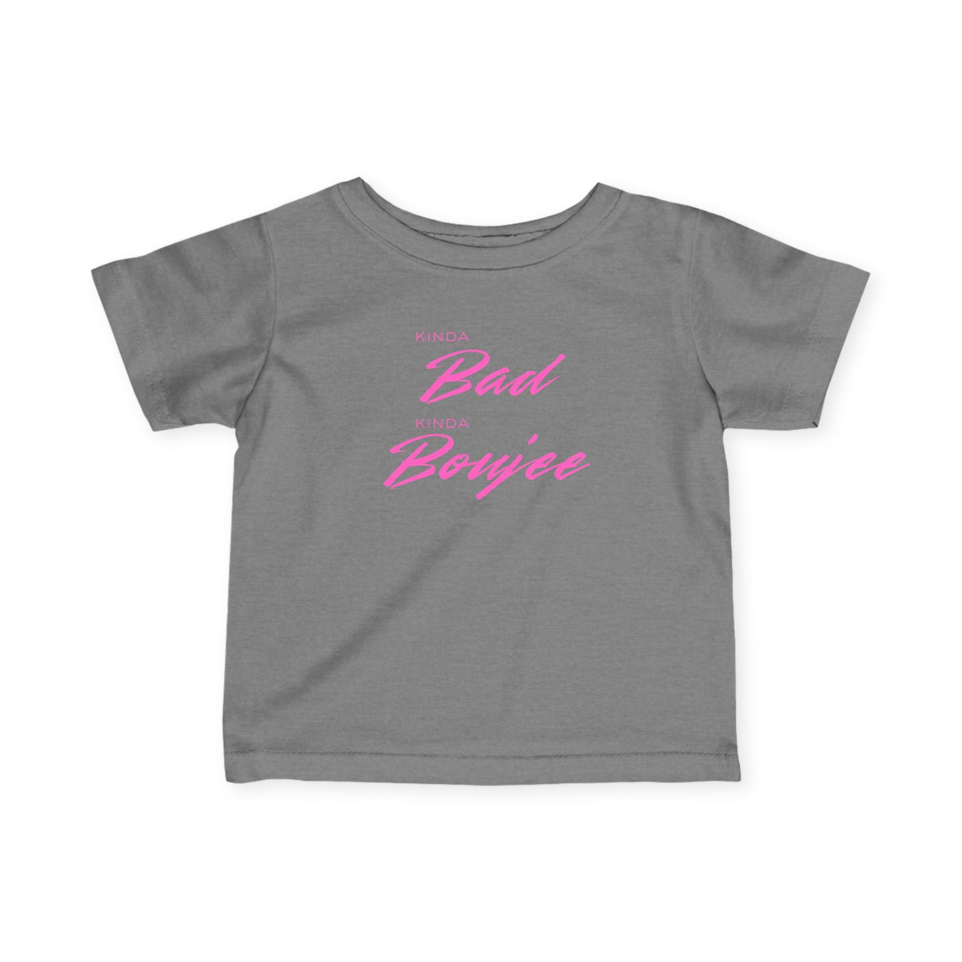 Gray t-shirt with pink text on a white background