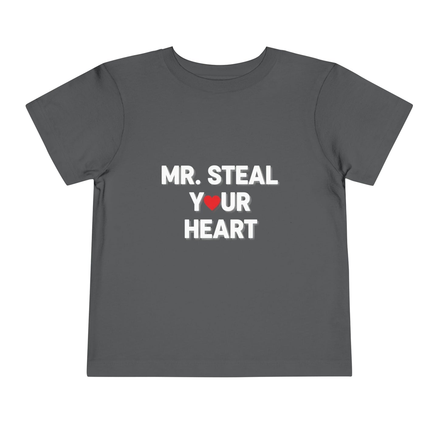Gray t-shirt with 'MR. STEAL YOUR HEART' text on a white background