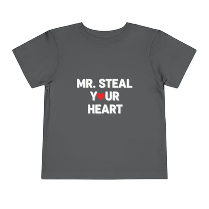 Gray t-shirt with 'MR. STEAL YOUR HEART' text on a white background