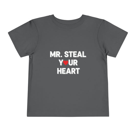 Gray t-shirt with 'MR. STEAL YOUR HEART' text on a white background