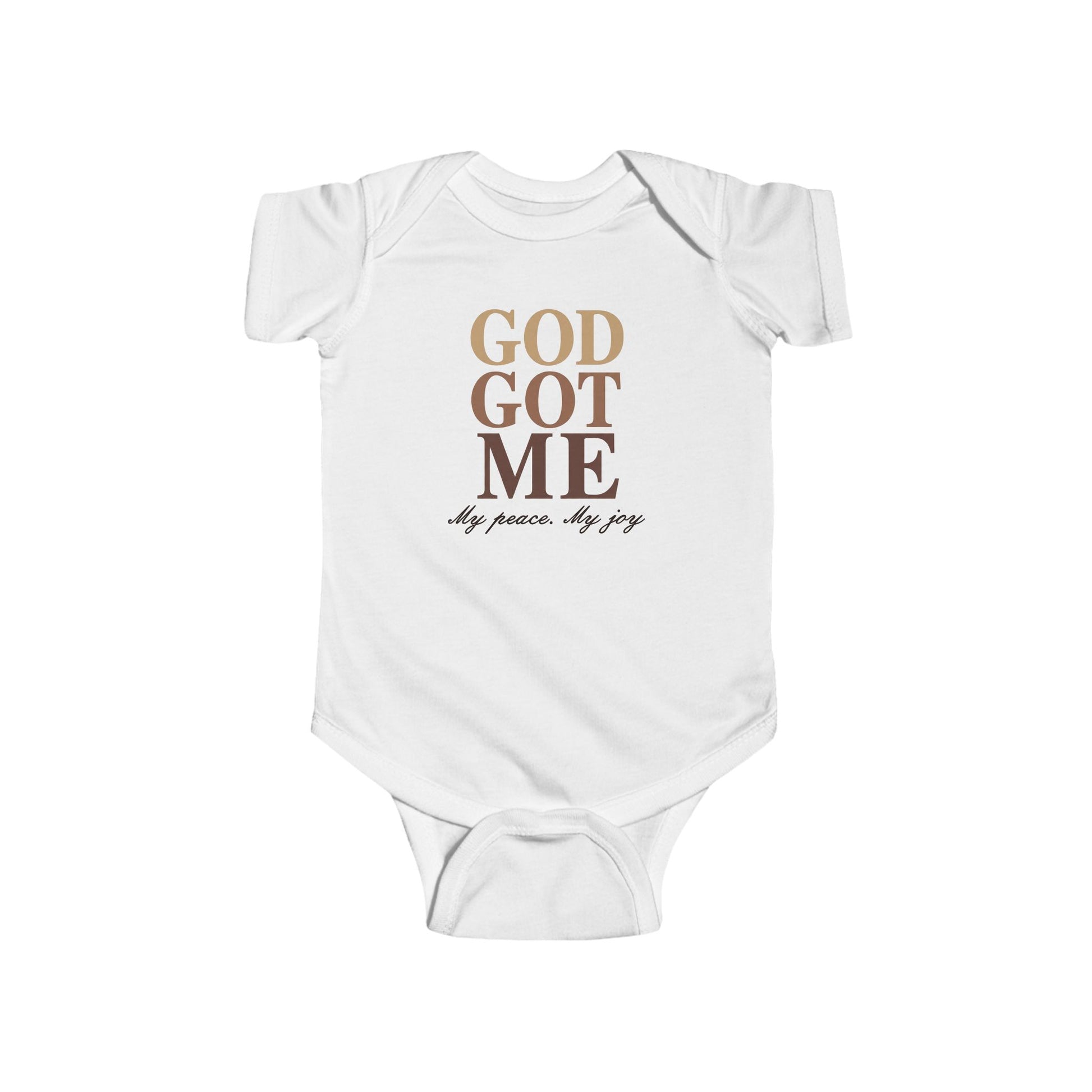 White baby onesie with 'God Got Me' text on a white background