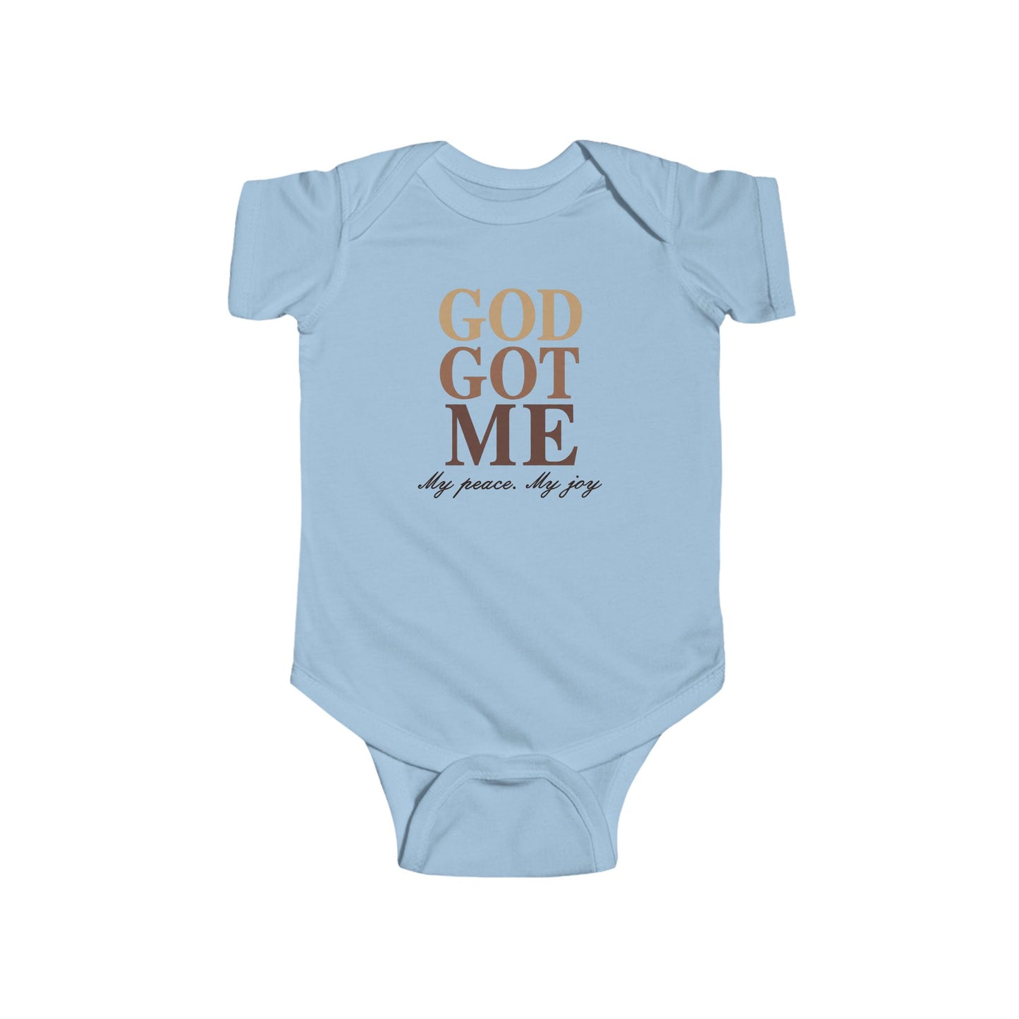 Light blue baby onesie with 'God Got Me' text on a white background
