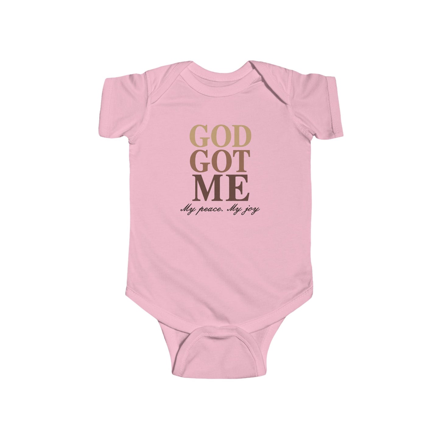 Pink baby onesie with 'God Got Me' text on a white background