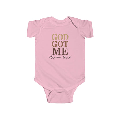 Pink baby onesie with 'God Got Me' text on a white background