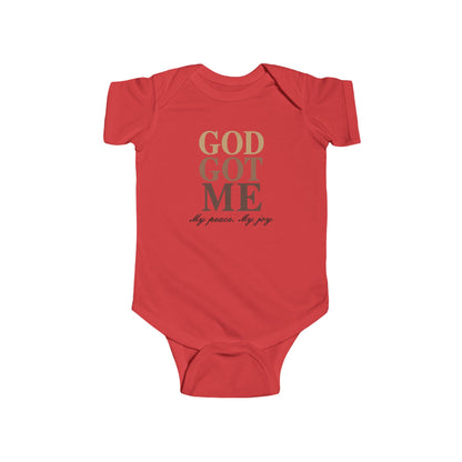 Red baby onesie with 'GOD GOT ME my peace, my joy' text on a white background