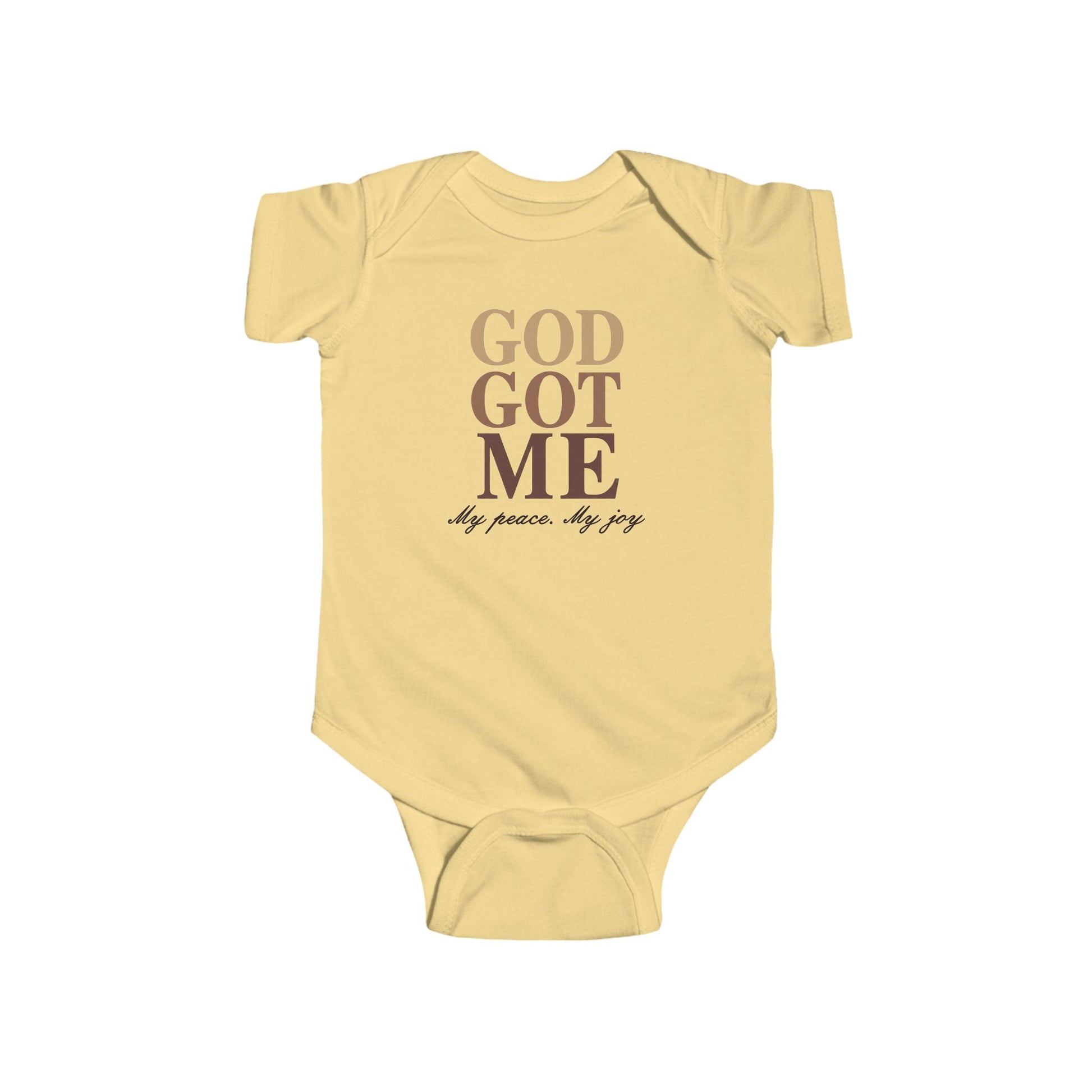 Yellow baby onesie with 'God Got Me' text on a white background
