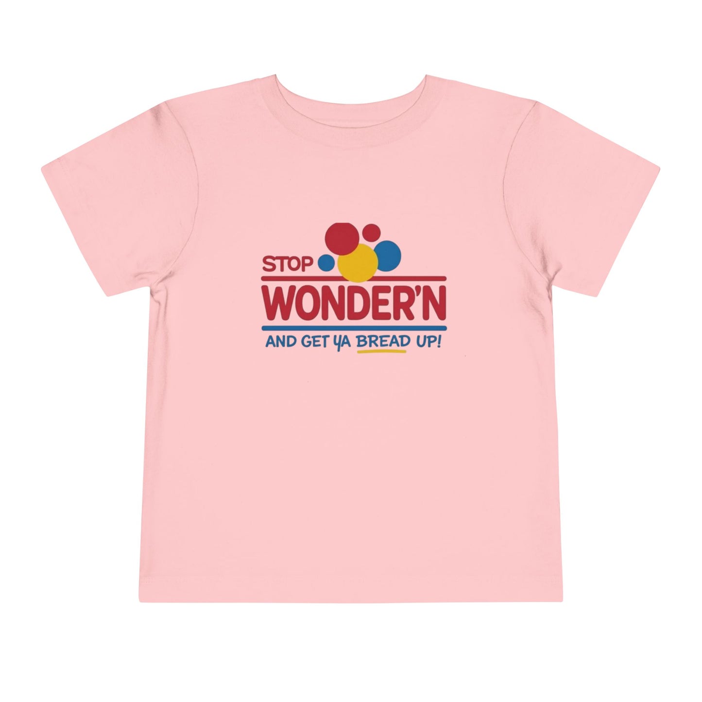 Pink t-shirt with colorful graphic 'stop wondering ' text on a white background