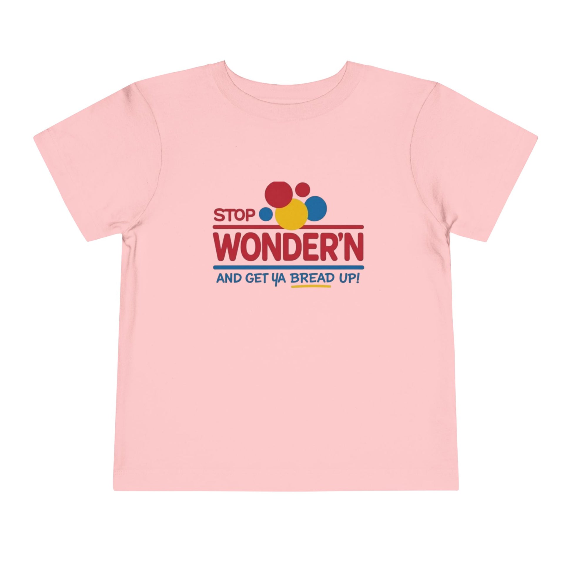 Pink t-shirt with colorful graphic 'stop wondering ' text on a white background