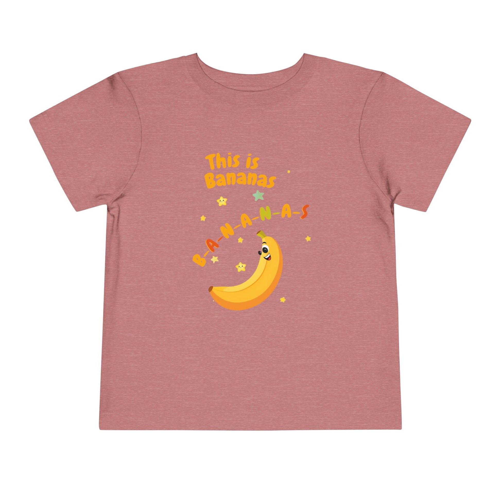 Pink t-shirt with a banana graphic and text on a white background