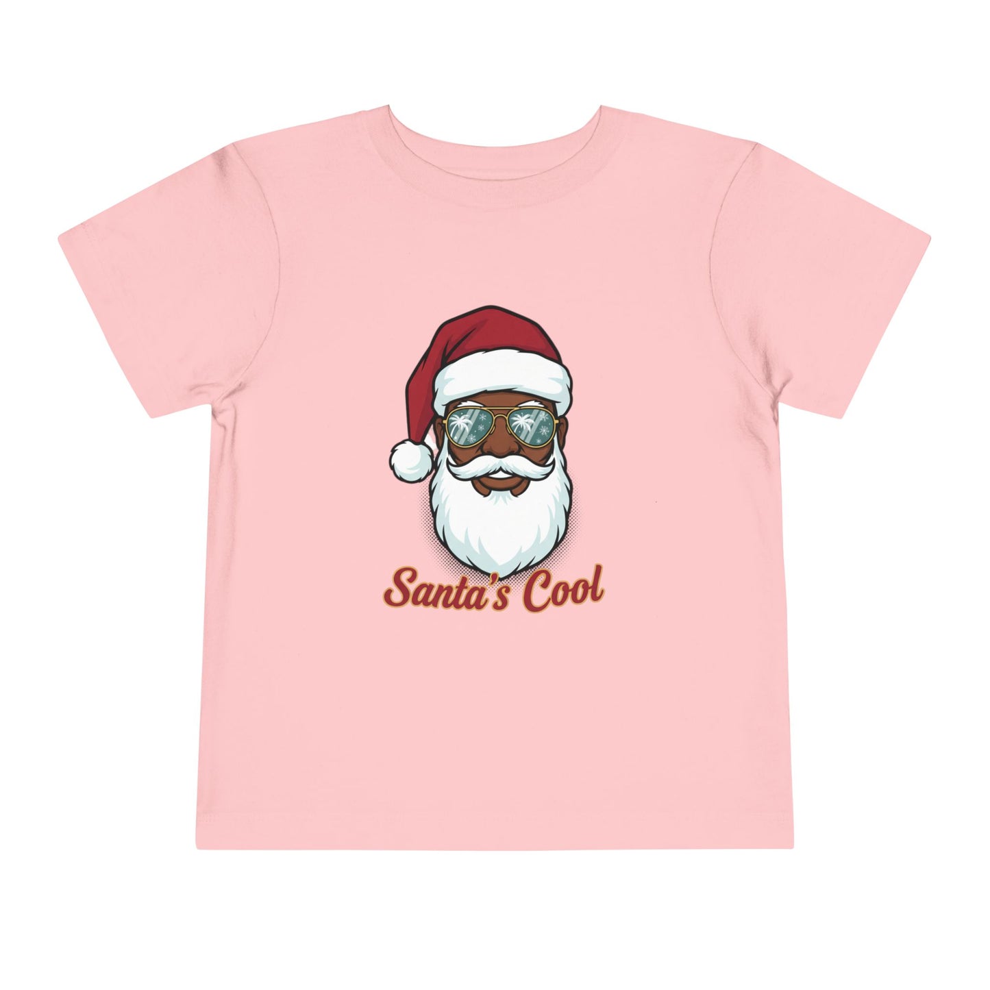 Pink t-shirt with a graphic of a Santa Claus face wearing sunglasses and the text 'Santa's Cool' on a white background.