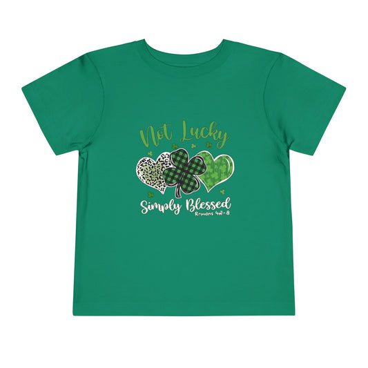 Green t-shirt with text 'simply blessed' shamrock design and text on a white background