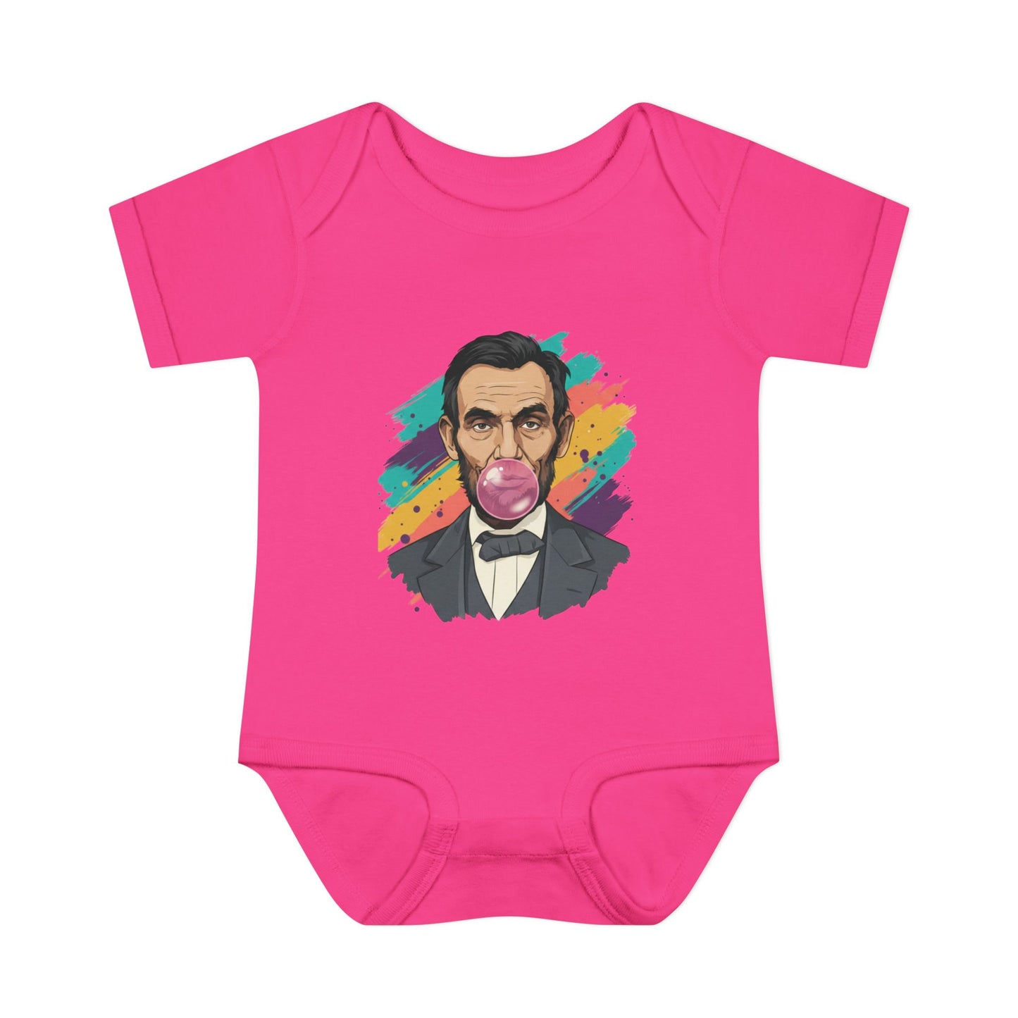 Pink baby onesie with a colorful graphic of Abraham Lincoln on a white background