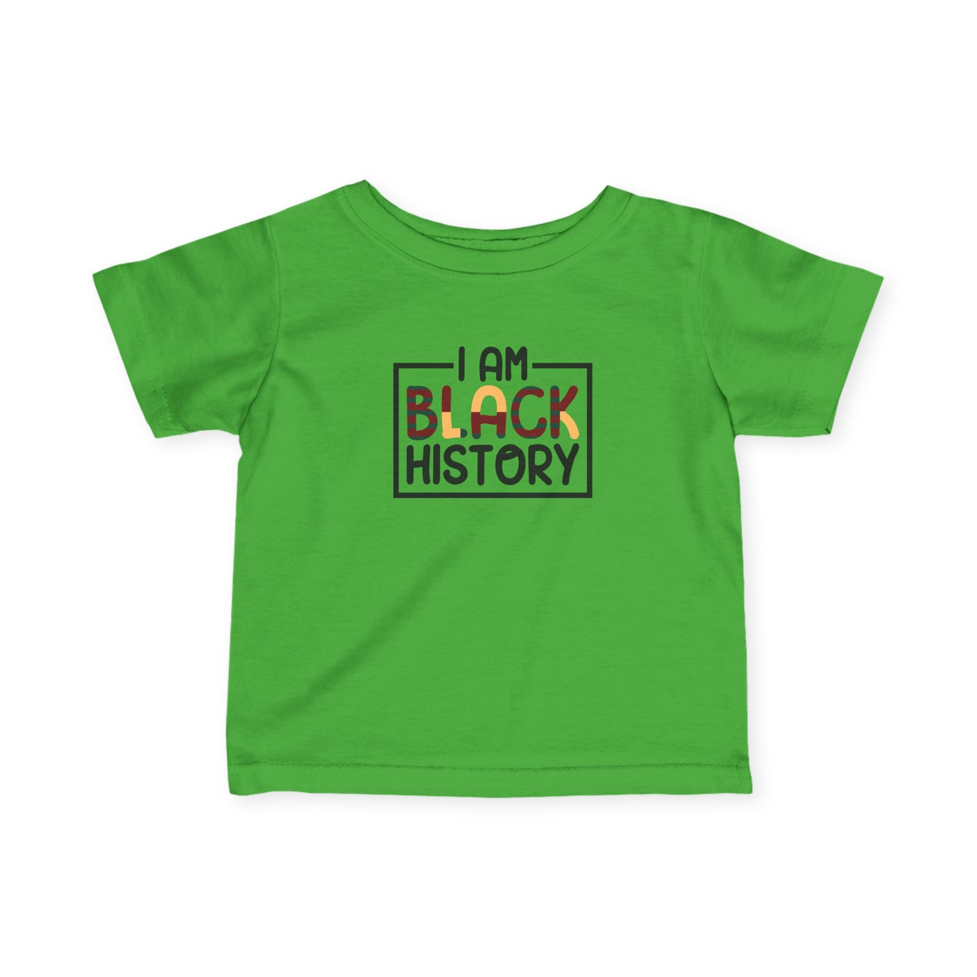 Green t-shirt with 'I AM BLACK HISTORY' text on a white background
