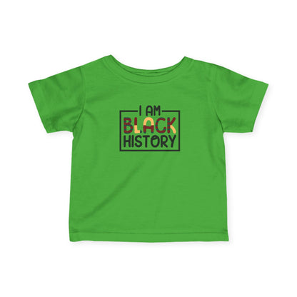 Green t-shirt with 'I AM BLACK HISTORY' text on a white background