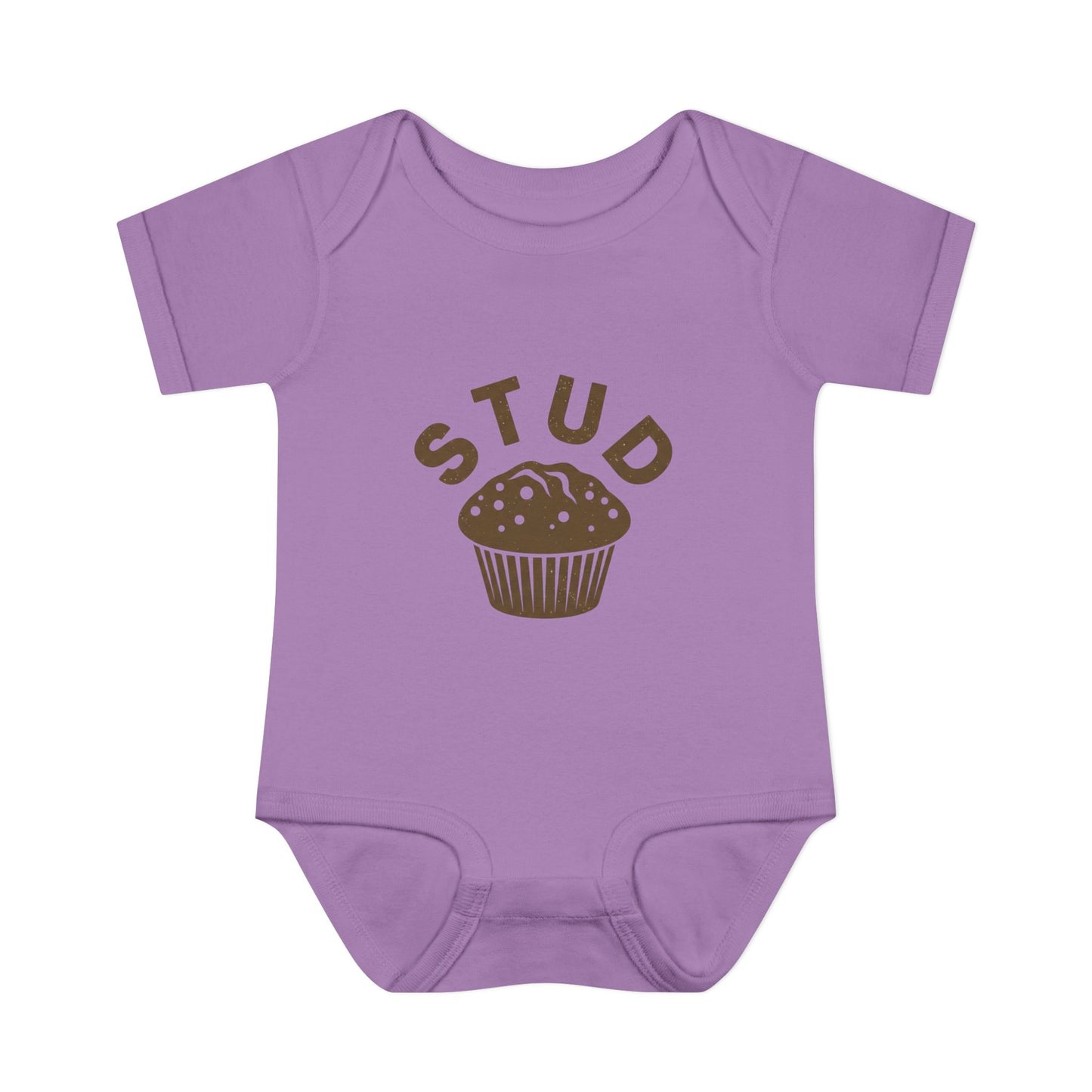 Purple baby onesie with 'STUD' and a muffin graphic on a white background