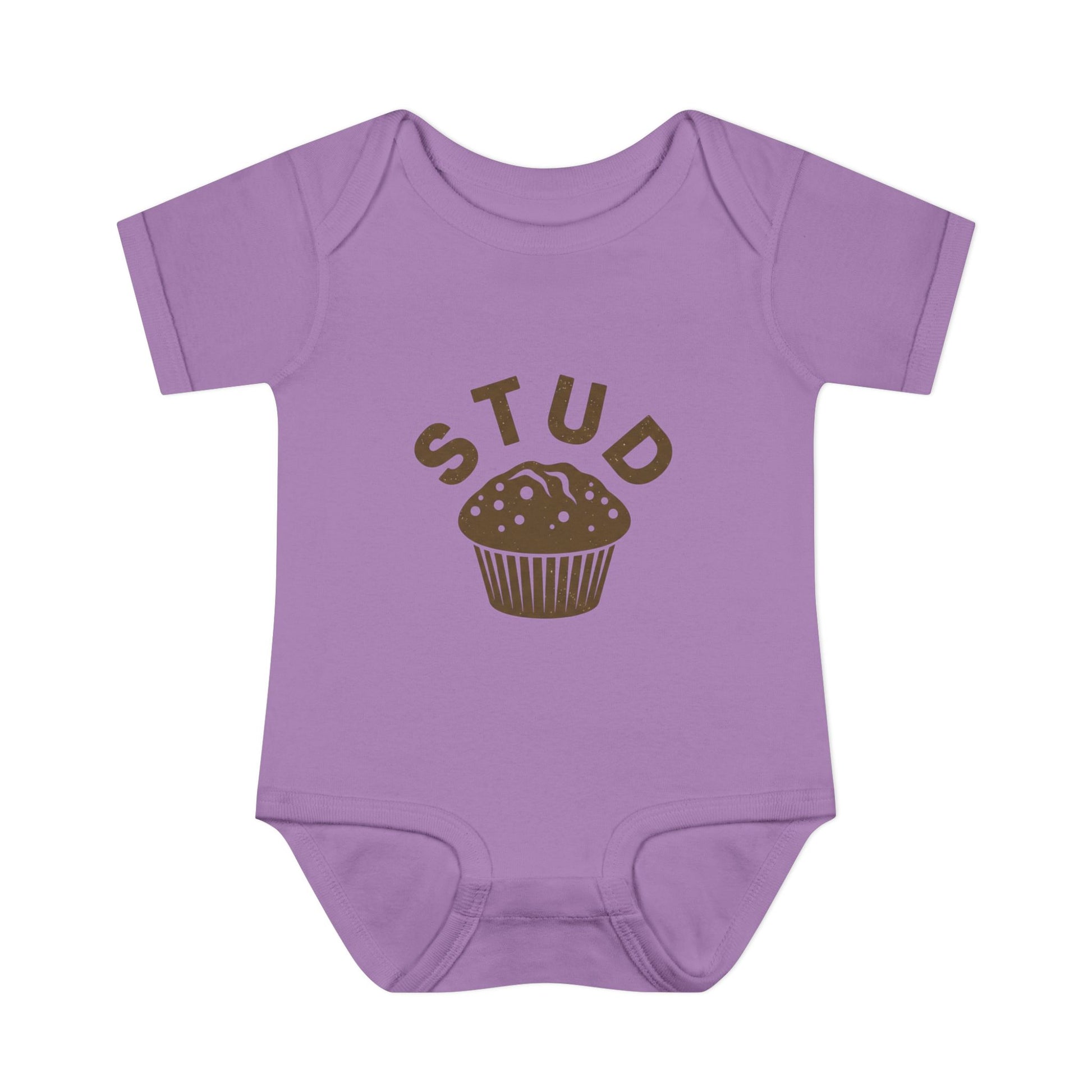 Purple baby onesie with 'STUD' and a muffin graphic on a white background