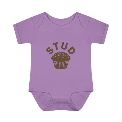 Purple baby onesie with 'STUD' and a muffin graphic on a white background