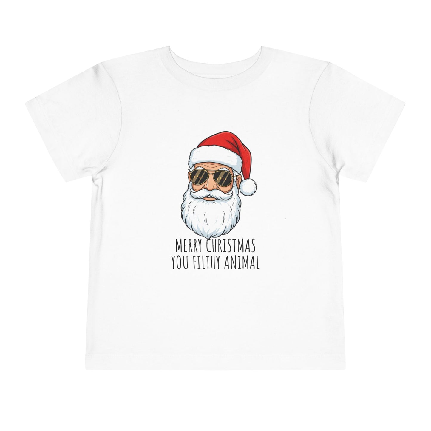 White t-shirt with a graphic of a man wearing sunglasses and a Santa hat, with text 'Merry Christmas you filthy animal' on a white background.