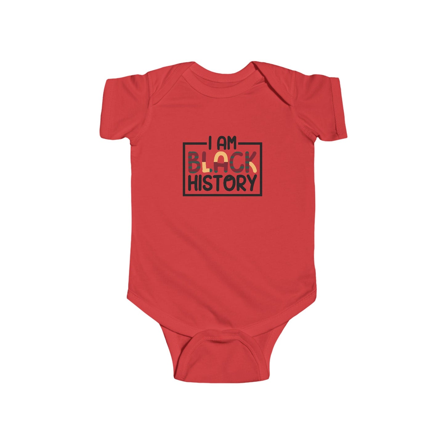 Red baby onesie with 'I AM BLACK HISTORY' text on a white background
