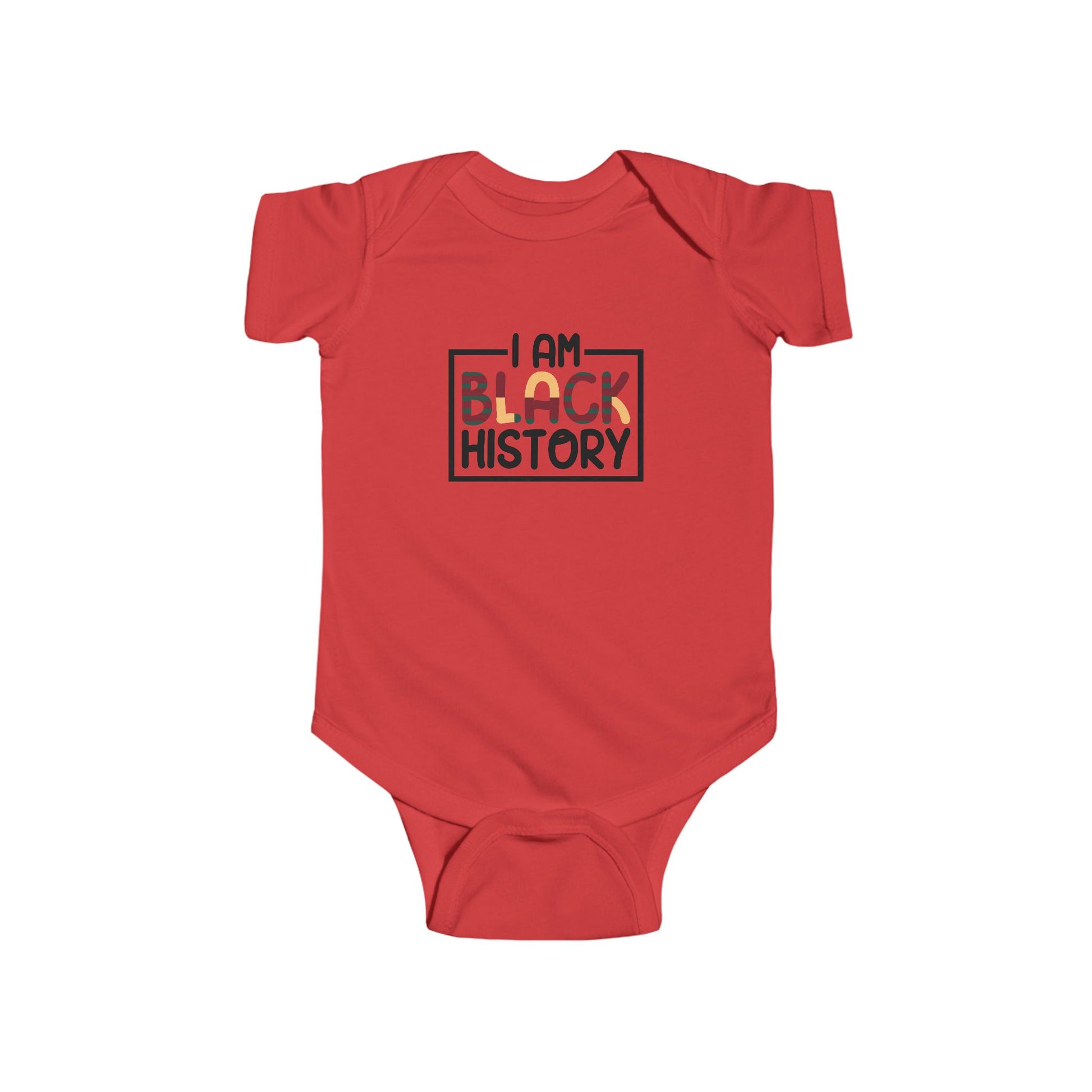 Red baby onesie with 'I AM BLACK HISTORY' text on a white background