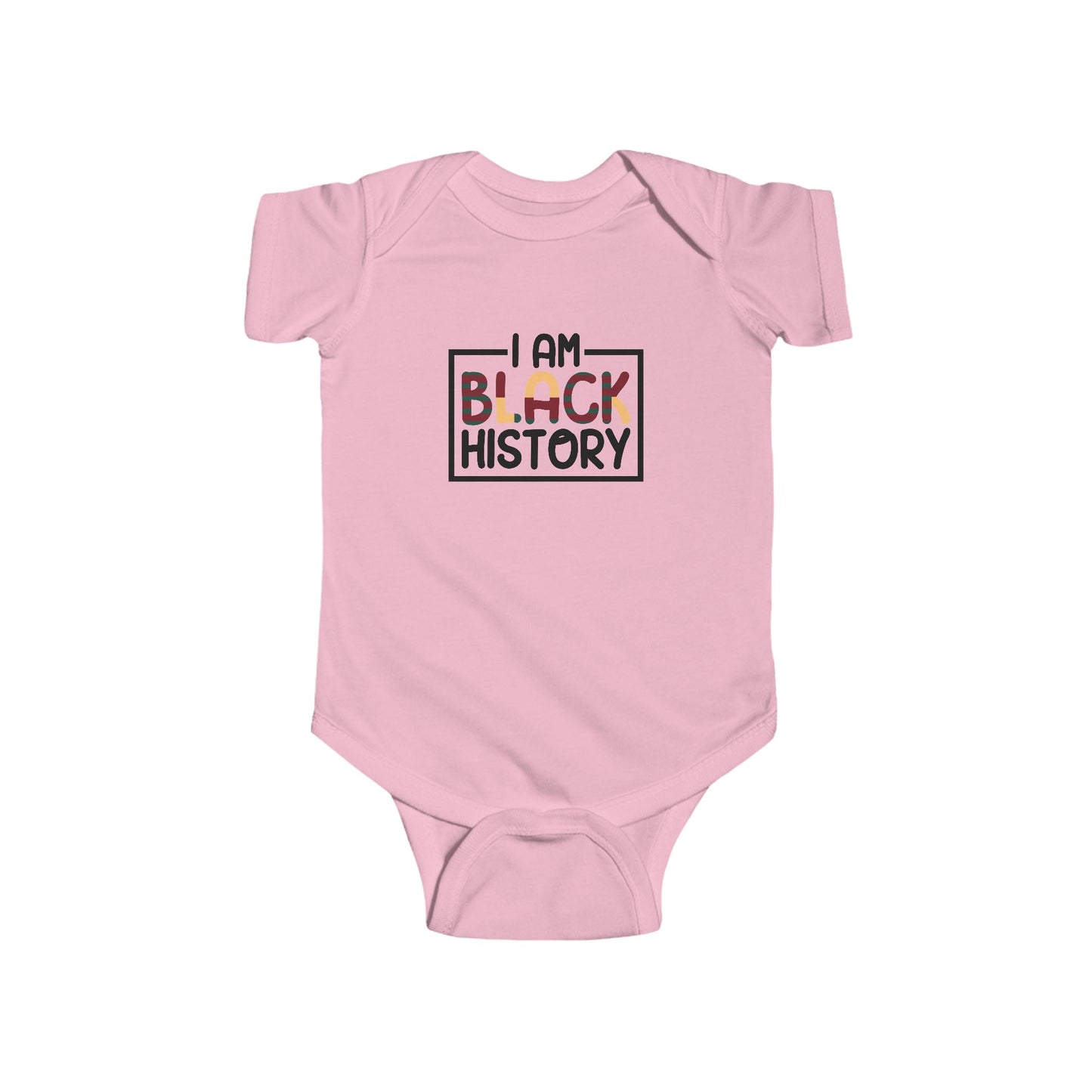 Pink baby onesie with 'I AM BLACK HISTORY' text on a white background