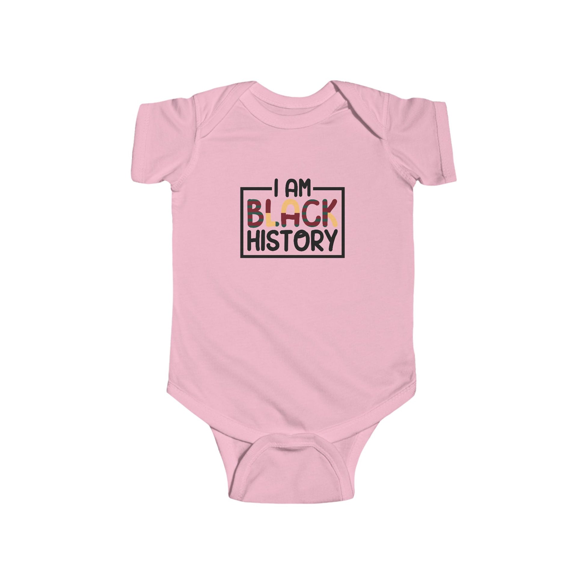 Pink baby onesie with 'I AM BLACK HISTORY' text on a white background