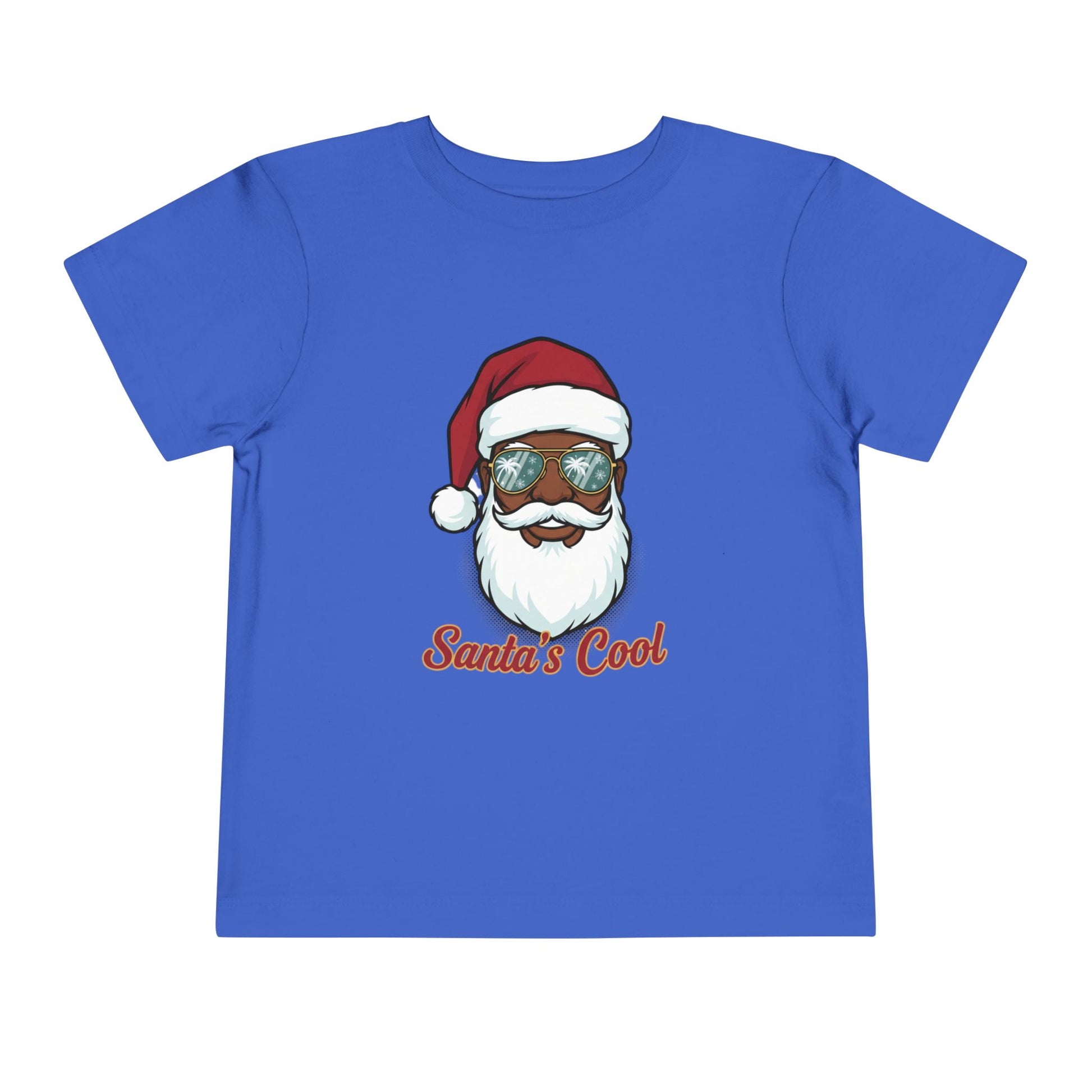 Blue t-shirt with a graphic of Santa Claus wearing sunglasses and the text 'Santa's Cool' on a white background.