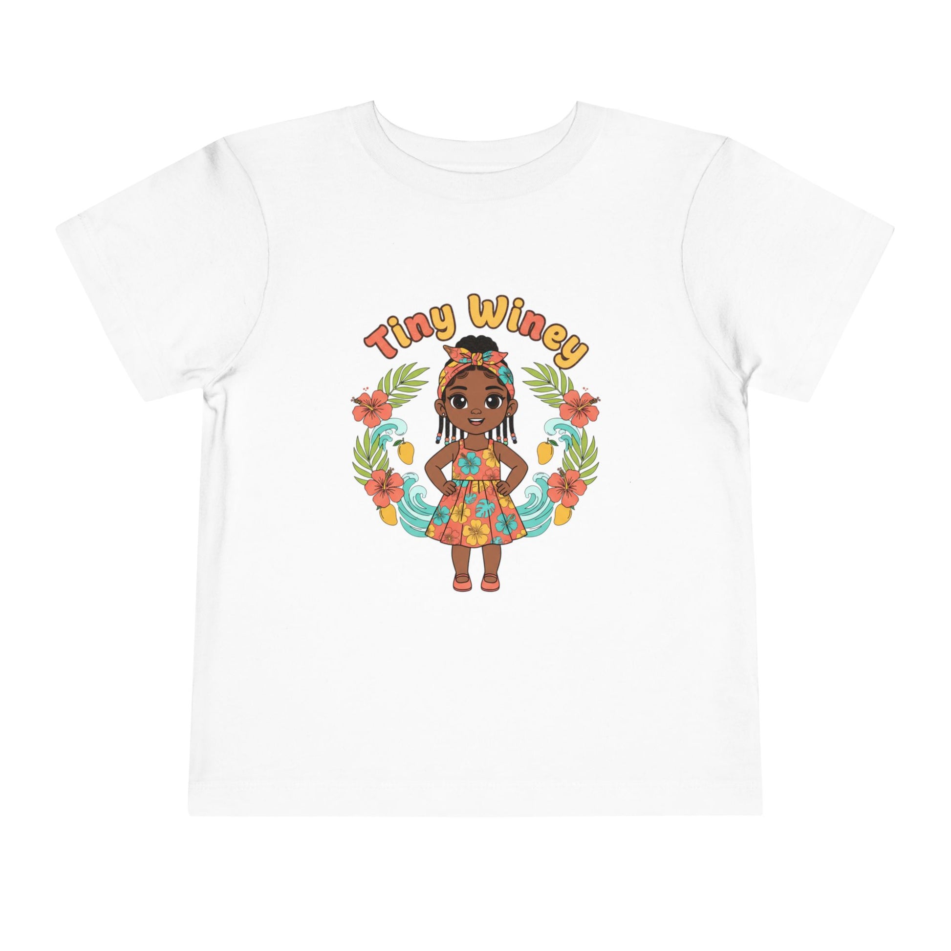 White t-shirt with a colorful graphic of a girl and 'Tiny Winey' text on a white background