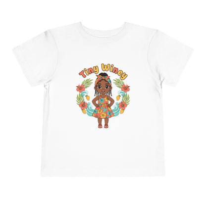 White t-shirt with a colorful graphic of a girl and 'Tiny Winey' text on a white background