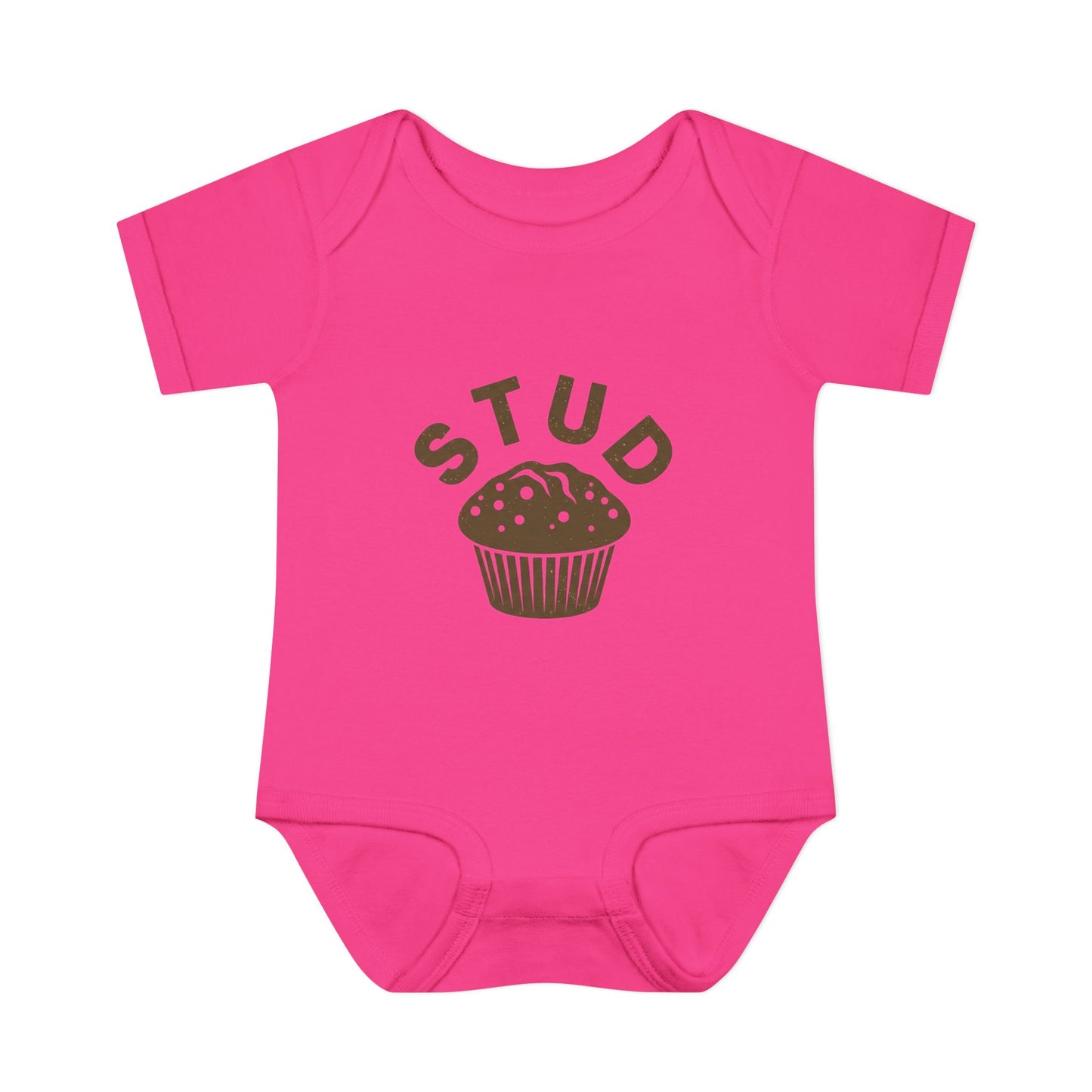 Pink baby onesie with 'STUD' and a cupcake graphic on a white background