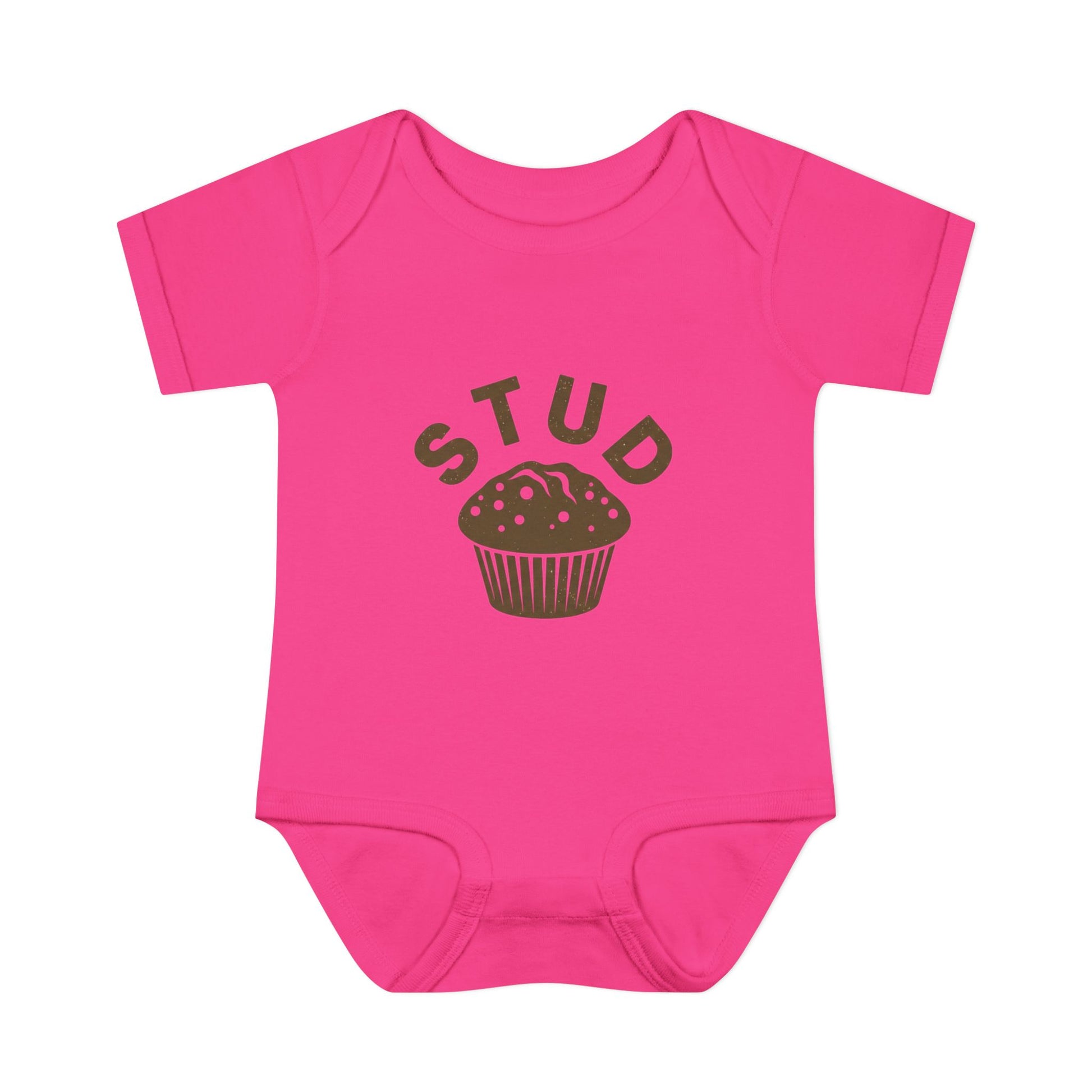 Pink baby onesie with 'STUD' and a cupcake graphic on a white background