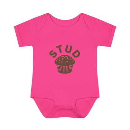 Pink baby onesie with 'STUD' and a cupcake graphic on a white background