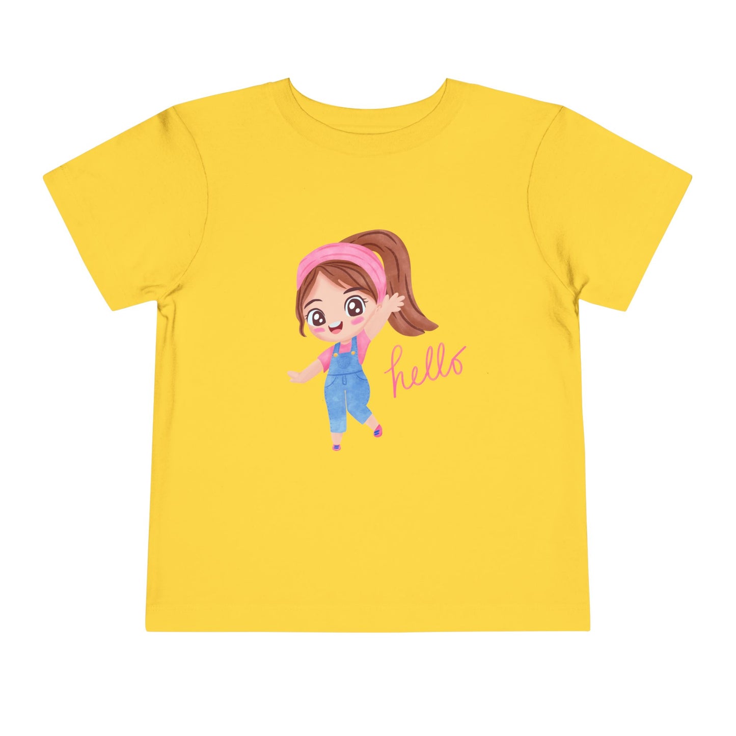 Yellow t-shirt with a cartoon character and 'hello' text on a white background