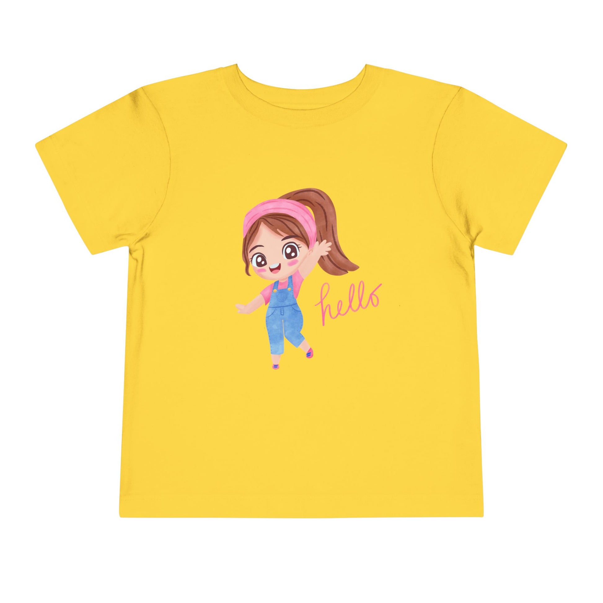 Yellow t-shirt with a cartoon character and 'hello' text on a white background