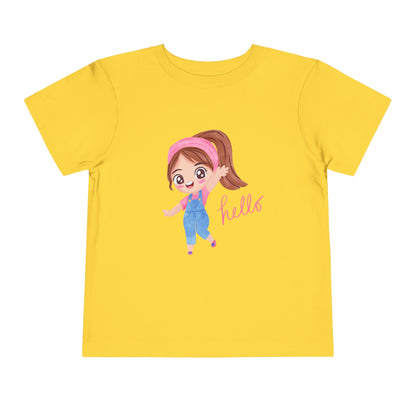 Yellow t-shirt with a cartoon character and 'hello' text on a white background