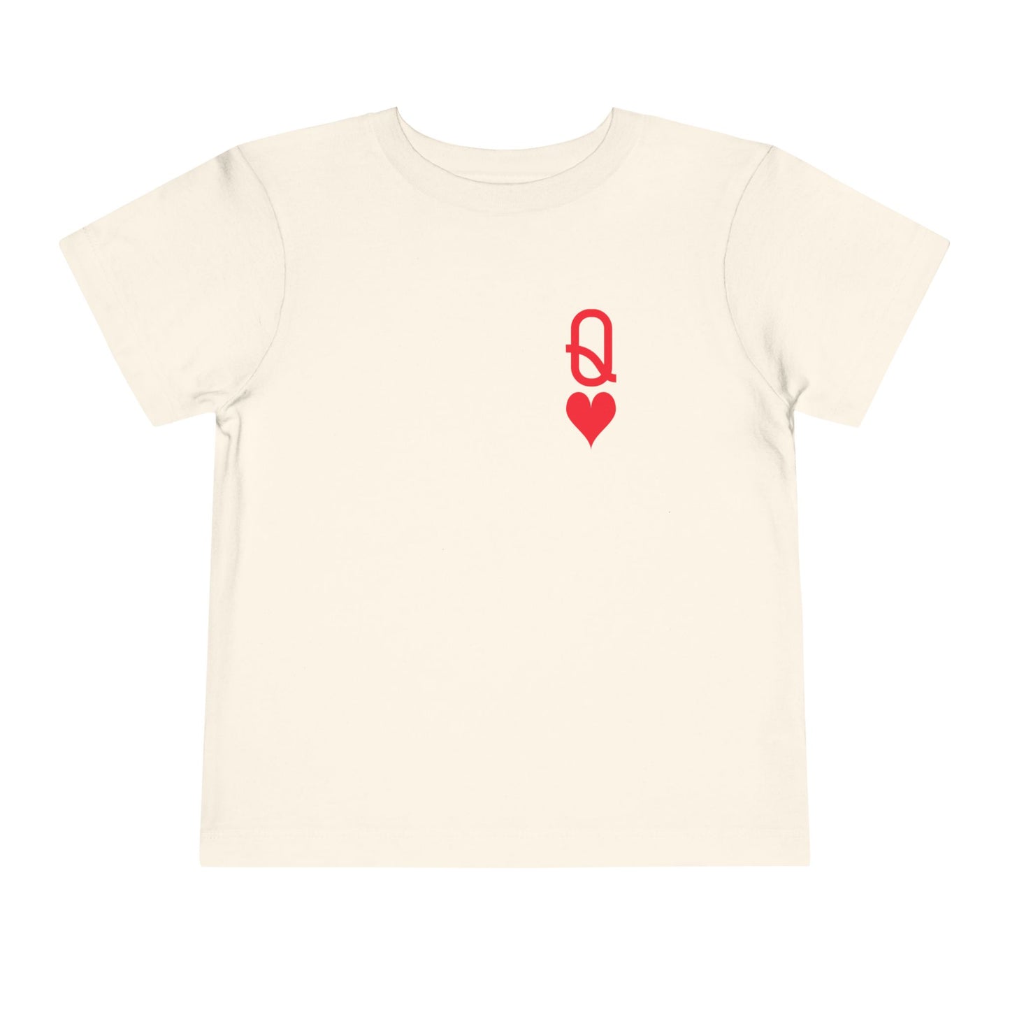 Beige t-shirt with a red heart and letter 'Q' design on a white background