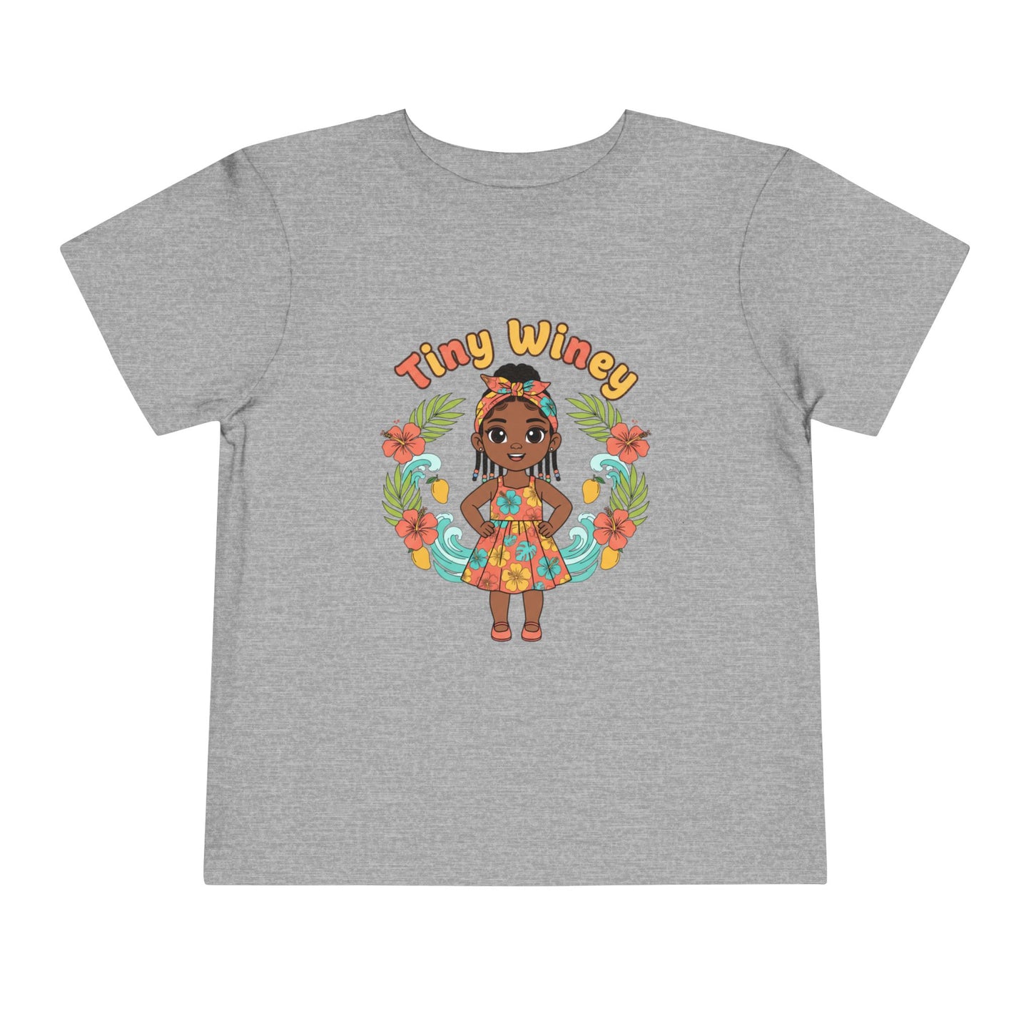 Gray t-shirt with a colorful graphic of a girl and 'Tiny Winey' text on a white background