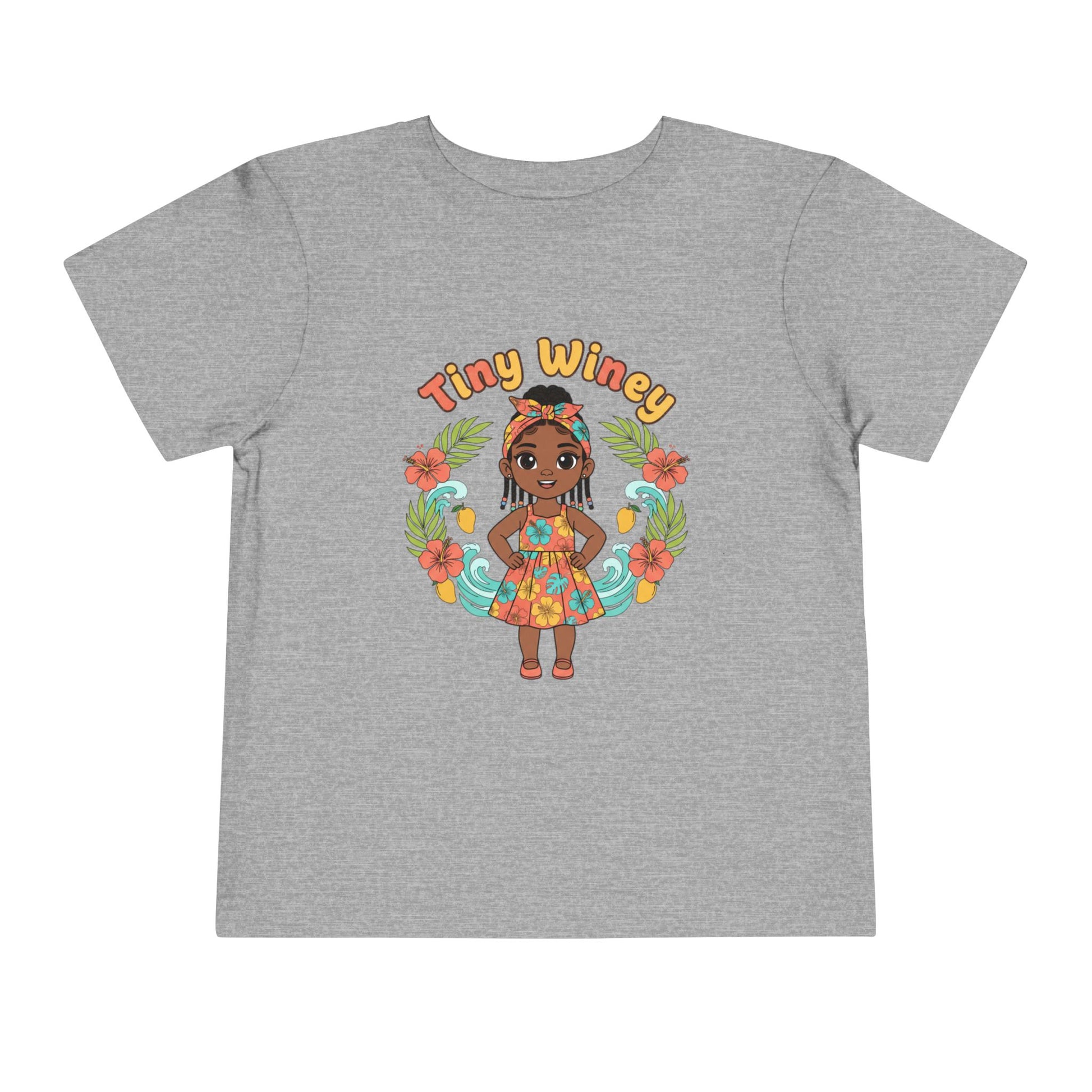 Gray t-shirt with a colorful graphic of a girl and 'Tiny Winey' text on a white background