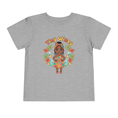 Gray t-shirt with a colorful graphic of a girl and 'Tiny Winey' text on a white background